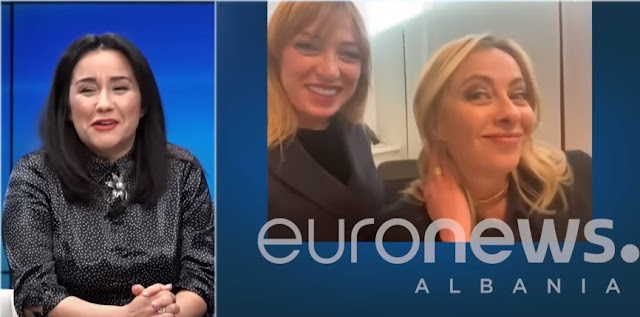 Da sinistra: Aurora Piranej, Frida Krifca e Giorgia Meloni (fonte: scremata da Euronews Albania)