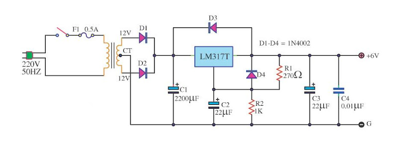 LM317  6V DC Power Supply Circuit