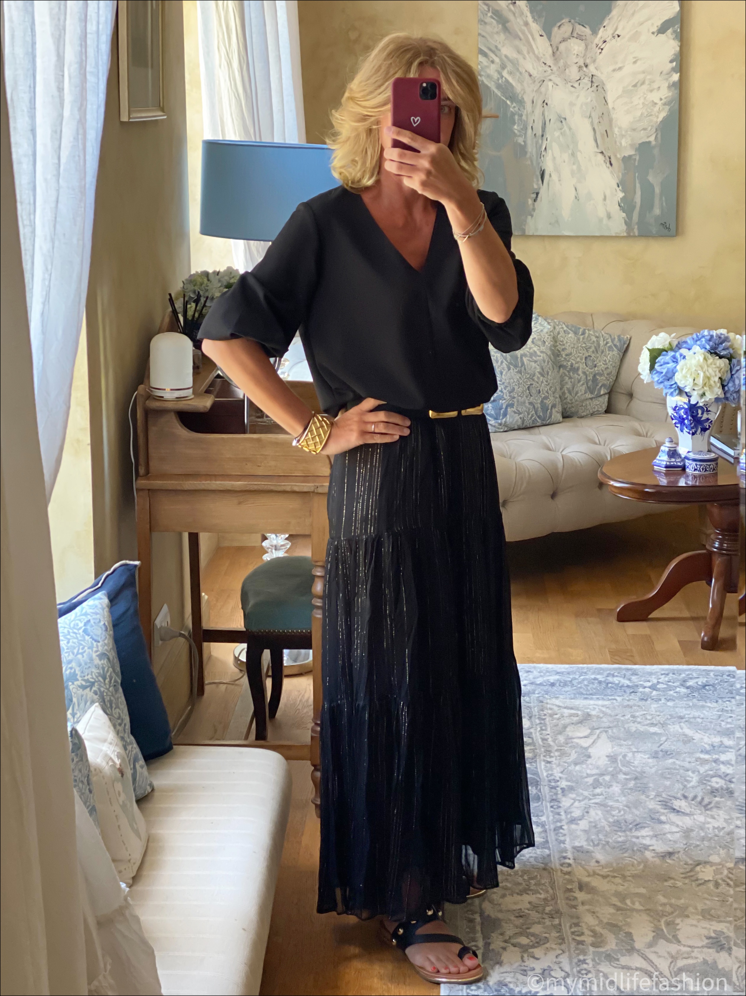 my midlife fashion, and other stories metallic stripe tiered maxi skirt, tibi blouse, carvela studded sandals