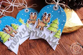 Sunny Studio Stamps: Gleeful Reindeer Christmas Gift Tags by Eloise Blue (using Sunny Semi Circle and Fishtail Banner Dies)