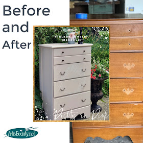 Before and After Pretty in Pink Vintage dresser makeover using General FInishes milk paint in Ballet Pink