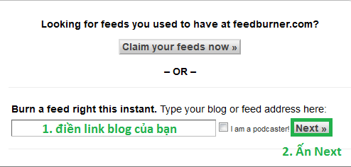 Cách đăng ký Feed Bunner cho blogspot hoặc website