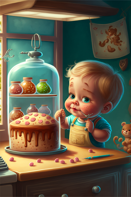 a cute baby boy baking a cake which is kept in front of the baby cartoon, with kitchen in background