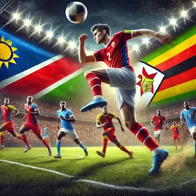 A high-energy football match scene between Namibia and Zimbabwe, showcasing players in action, with one team in Namibia's colors blue, red, and white.