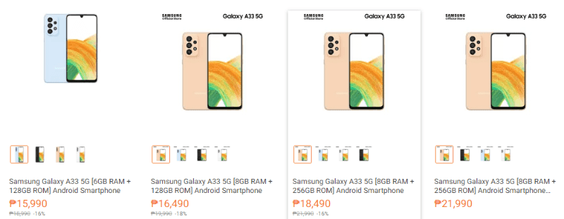 Sale price tags of the Galaxy A33 5G at Lazada