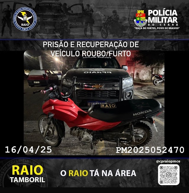 MONSENHOR TABOSA: BPRAIO REALIZA PRISÃO E RECUPERA MOTO QUE HAVIA SIDO ROUBADA NO MUNICÍPIO DE CATUNDA.