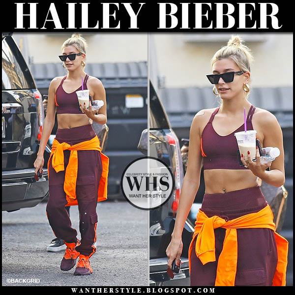 Hailey Baldwin in burgundy sports bra and burgundy sweatpants in LA on  January 15 ~ I want her style - What celebrities wore and where to buy it.  Celebrity Style
