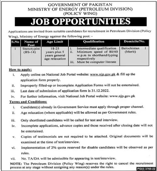 Ministry of Energy Islamabad Jobs December 2022