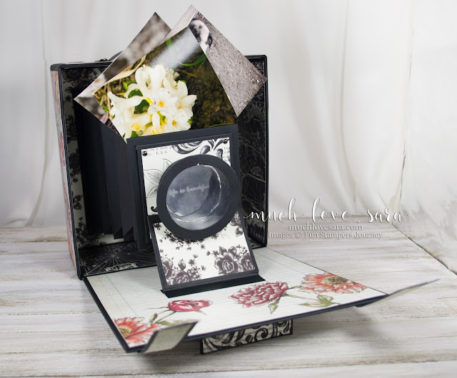 Created using Fun Stampers Journey products, this gorgeous vintage style camera box has a clean shabby chic style.  Opened up, the "camera" extends out, leaving accordian folder style pockets, for photo storage or display.  Purchase the products used by visiting funstampersjourney.com/muchlovesara