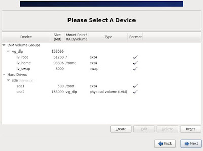 This is the section for changing partition layouts. This example shows to configure LVM partition layouts (Set /boot, /, /var, /home, swap on here). First, select "/home" and Click "Edit" button.