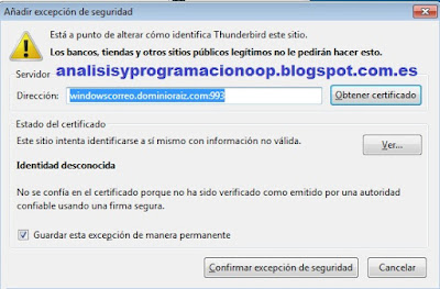 añadir excepción de seguridad Thunderbird