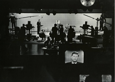 photo of John F. Kennedy in on-set monitor on stage at the first-ever televised Presidential debate in 1960 by Irving Haberman