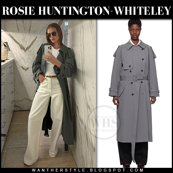 Rosie Huntington-Whiteley in grey trench coat and white jeans