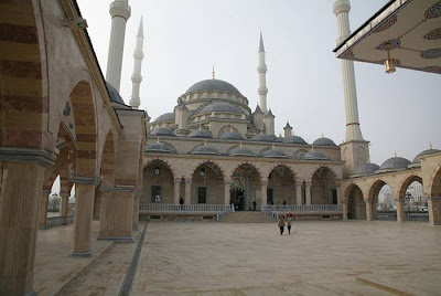 The Akhmad Kadyrov Mosque (Russian — Mechet Akhmata Kadyrova) is located in Grozny, the capital of Chechnya. It is one of the largest mosques in Russia and is officially known as the "The Heart of Chechnya" , Russian — Serdtse Chechni). The mosque is named after Akhmad Kadyrov who commissioned its construction from the mayor of Konya. The mosque design with a set of 62-metre (203 ft)-tall minarets is based on the Blue Mosque in Istanbul. On October 16, 2008, the mosque was officially opened in a ceremony in which Chechen leader Ramzan Kadyrov spoke and was with Russian Prime Minister Vladimir Putin. In this mosque, ten thousand Muslims can pray at a time and its minarets reach 62 metres (203 ft) high.