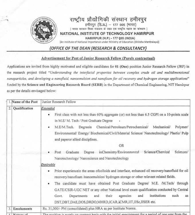 NIT HAMIRPUR RECRUITMENT OUT BY INTERVIEW 