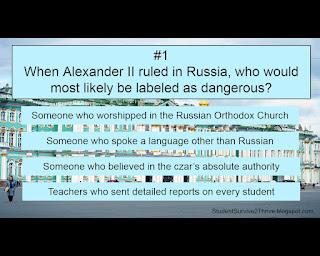 When Alexander II ruled in Russia, who would most likely be labeled as dangerous? Answer choices include: Someone who worshipped in the Russian Orthodox Church, Someone who spoke a language other than Russian, Someone who believed in the czar’s absolute authority, Teachers who sent detailed reports on every student