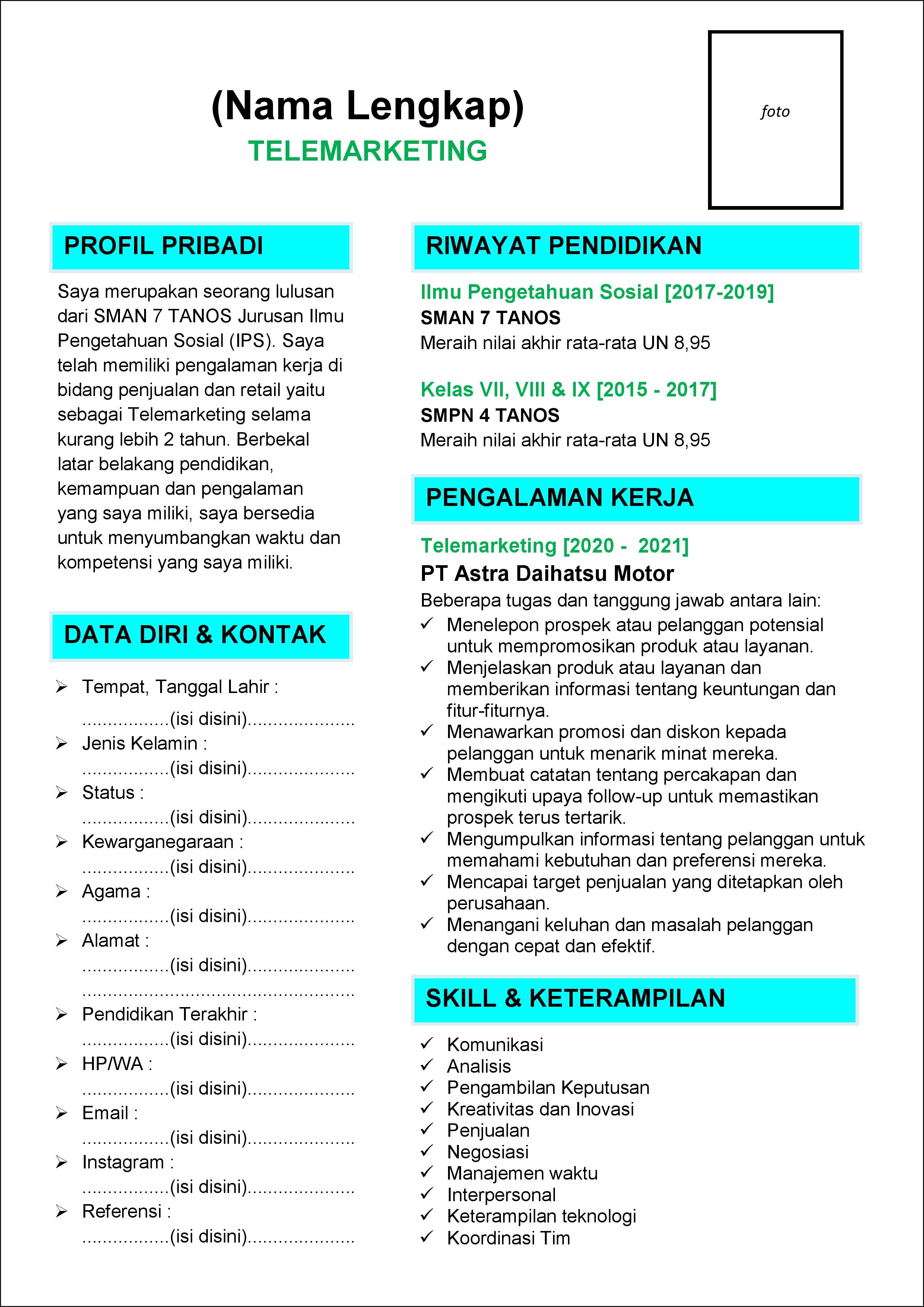 contoh 2 daftar riwayat hidup Telemarketing yang telah memiliki pengalaman kerja (experience)