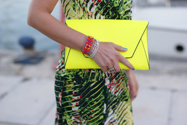 Zara neon clutch, Sodini bracelet, Chanel Azuré nail polish, Fashion and Cookies