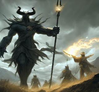 A towering figure (horned, fanged, with glowing mace) stands in a rugged landscape, wind whipping through grass and trees. Uniformed soldiers (disciplined, armed, efficient) led by a stern man (weathered, carrying a staff) advance, overwhelming the figure with relentless precision.