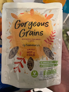 a pack of gorgeous grains from sainsburys. The packed has the nutrient claims 'high in fibre' and source of protein
