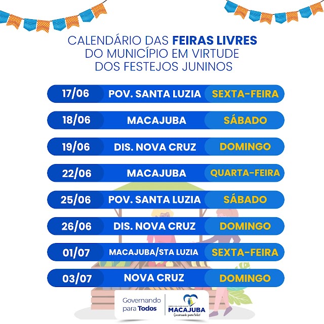 Prefeitura informa mudança nas feiras livres do município em virtude aos festejos juninos; confira o calendário