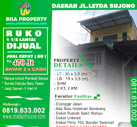 Rumah Ruko 1 1/2 Tingkat dijual daerah letda sujono tembung <del>Rp 500 Jt</del> <price>Rp 470 Jt</price> <code>RUKOLETSUPADANG</code>