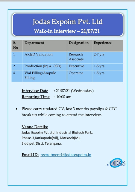 Job Availables, Jodas Expoim Walk-In Interview for Production, AR&D, Vial Filling, Ampule Filling