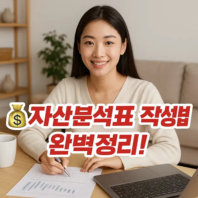 자산분석표, 순자산 관리  밝은 거실에서 재무 문서를 보며 자산분석표를 작성 중인 20대 한국 여성