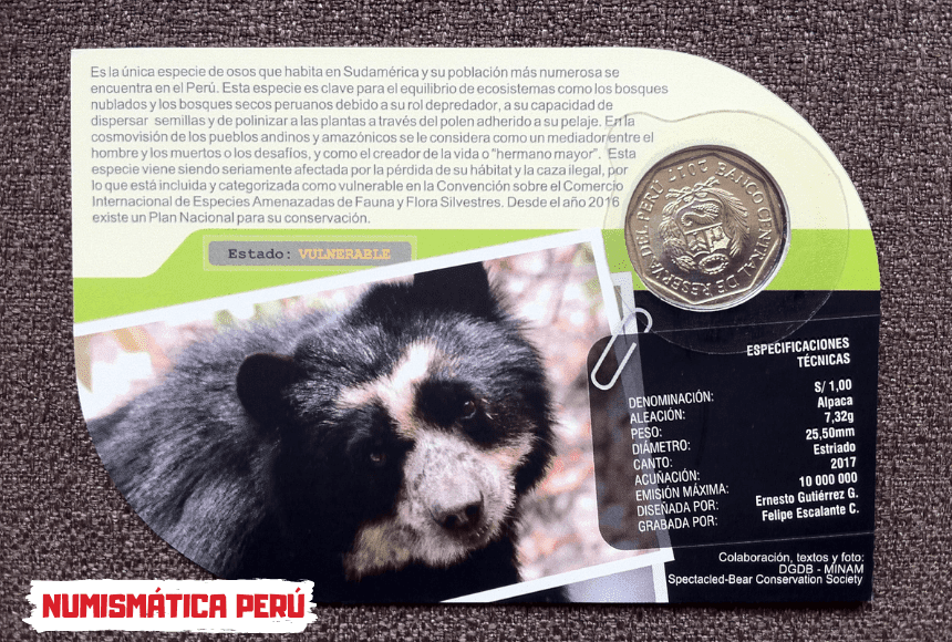 blister moneda oso andino de anteojo, serie fauna silvestre amenazada del peru