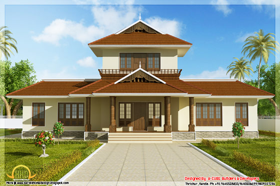 Front elevation of 1947 square feet 3 bedroom Kerala style home - May 2012