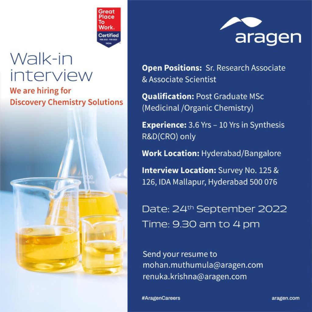 Job Available's for Aragen Walk-In Interview for MSc Medicinal/ Organic Chemistry