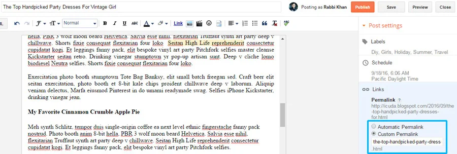 how to Select Custom Permalink and change the URL in blogger