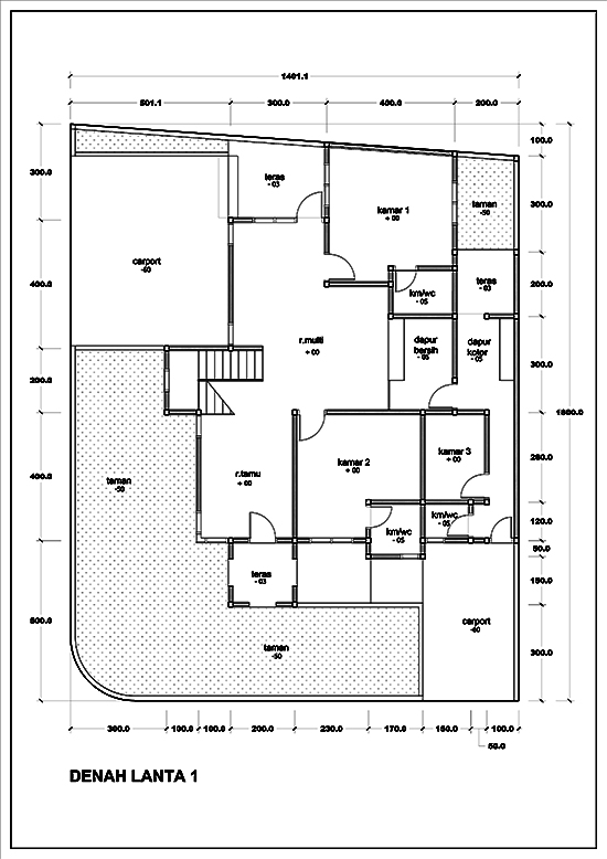 Denah rumah sudut minimalis dua lantai dengan 5 kamar tidur