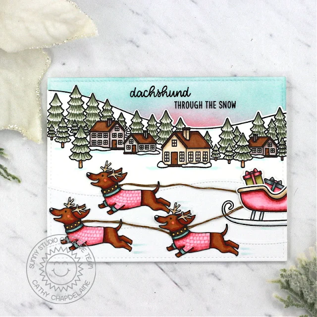 Sunny Studio Stamps: Dashing Dachshund Winter Themed Holiday Card by Cathy Chapdelaine (featuring Santa Claus Lane, Slimline Dies, Winter Scenes)