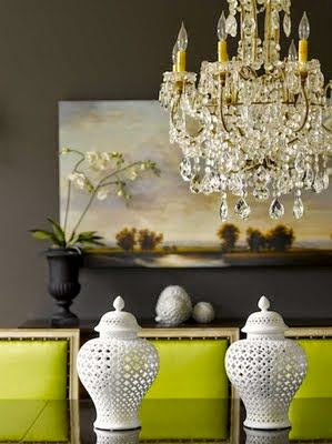 beautiful gray dining room green pop of color  
