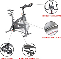 Sunny Health & Fitness SF-B1877 Endurance & Smart Indoor Cycle features: mutli-grip handlebars, magnetic resistance, toe-caged pedals, 4-way adjustable saddle, image