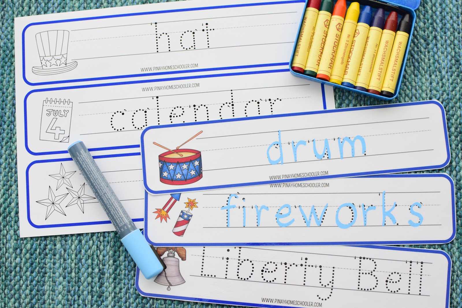 4th of July Vocabulary Writing and Coloring Strips