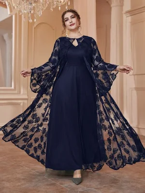 Plus Solid Dress & Flounce Sleeve Lace Coat