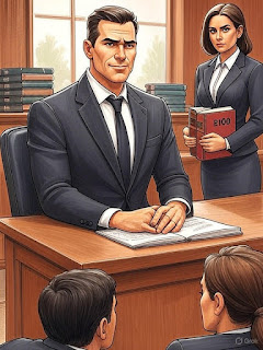“Courtroom sketch showing a confident defendant at a defense table and a prosecutor holding a thick book marked ‘RICO,’ with law books behind.”