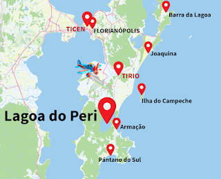 Ubicación de la Lagoa do Peri en relacion al centro de Florianópolis, el aeropuerto, la playa de Armacao.