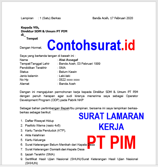 Surat Lamaran Kerja Pim Terbaik Tahun Ini Contoh Surat