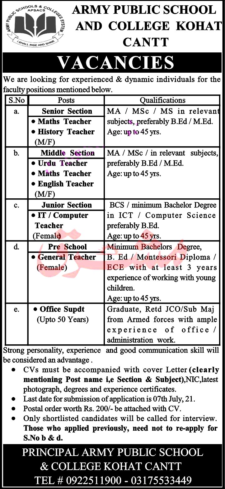 Latest Jobs in Army Public School  and College System APSC 2021