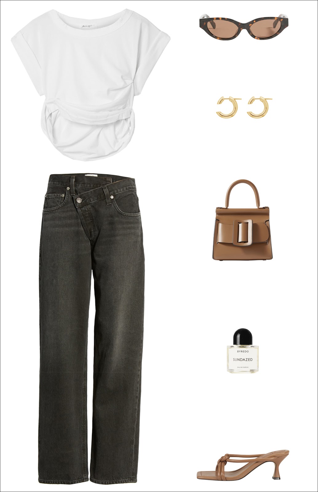 Cool Summer Outfit Idea — Cropped White T-Shirt, Cat-Eye Sunglasses, Edgy Hoop Earrings, Taupe Mini Bag, Criss-Cross Front Black Jeans, and Light Brown Heeled Slide Sandals