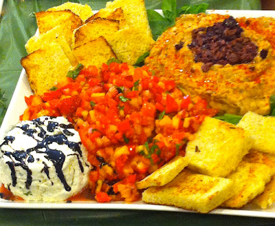 Goat cheese spread, Tomato fruit salsa, white bean hummus with tapanade