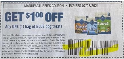 USE "TWO" $1.00/1 any Blue Dog Treats Coupon from "SMARTSOURCE" insert week of 6/13/21.