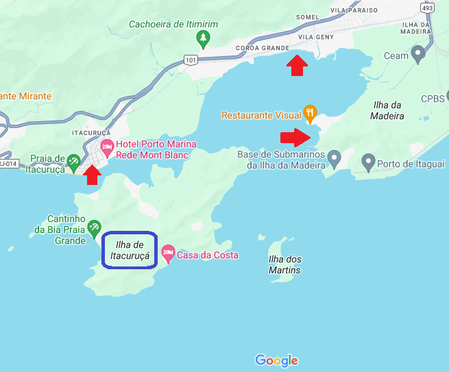 Mapa da Ilha de Itacuruçá com destaque aos pontos de táxi boat no Distrio de Itacuruçá, Praia de Coroa Grande e Ilha da Madeira de Itaguaí
