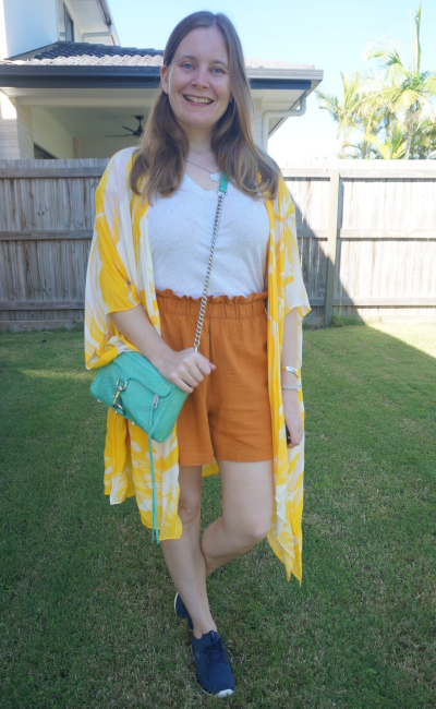 yellow printed poncho with white tee orange linen paperbag waist shorts | awayfromblue