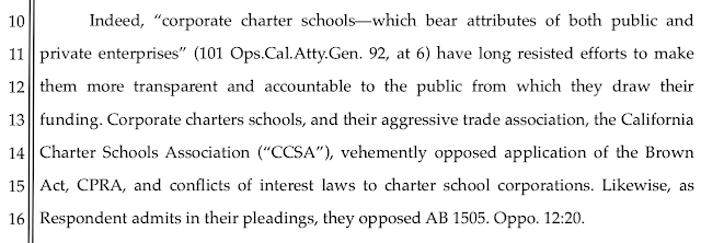 Indeed, “corporate charter schools—which bear attributes of both public and private enterprises” (101 Ops.Cal.Atty.Gen. 92, at 6) have long resisted efforts to make them more transparent and accountable to the public from which they draw their funding. Corporate charters schools, and their aggressive trade association, the California Charter Schools Association (“CCSA”), vehemently opposed application of the Brown Act, CPRA, and conflicts of interest laws to charter school corporations. Likewise, as Respondent admits in their pleadings, they opposed AB 1505. Oppo. 12:20.