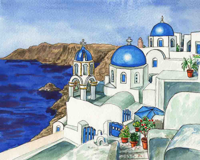 Blue Roofs White Buildings Of Greece Santorini Island Watercolor painting by the artist Irina Sztukowski