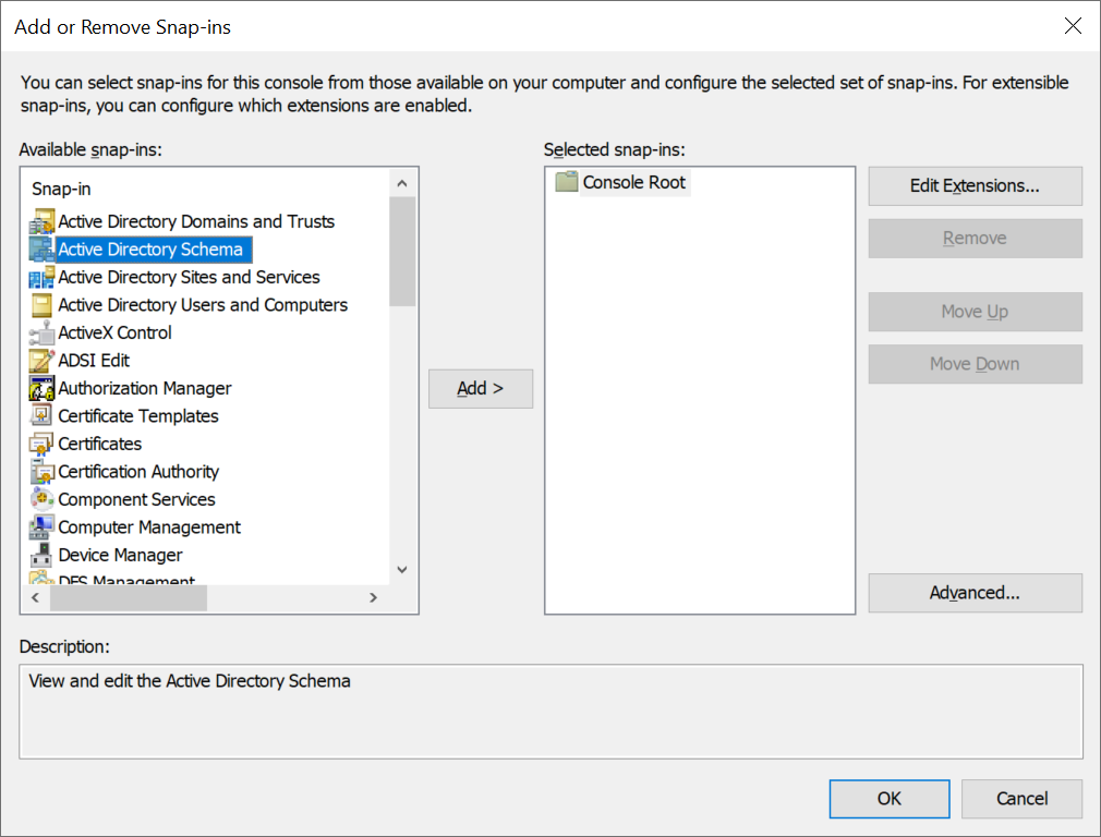 Screenshot of Active Directory Schema snap-in in Microsoft Management Console